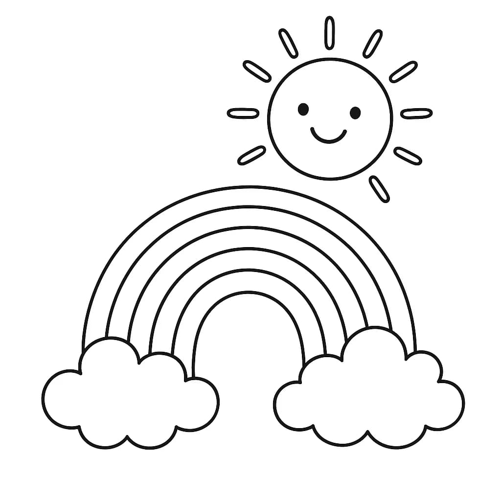 Simple line art of a rainbow with a smiling sun above and two fluffy clouds.
