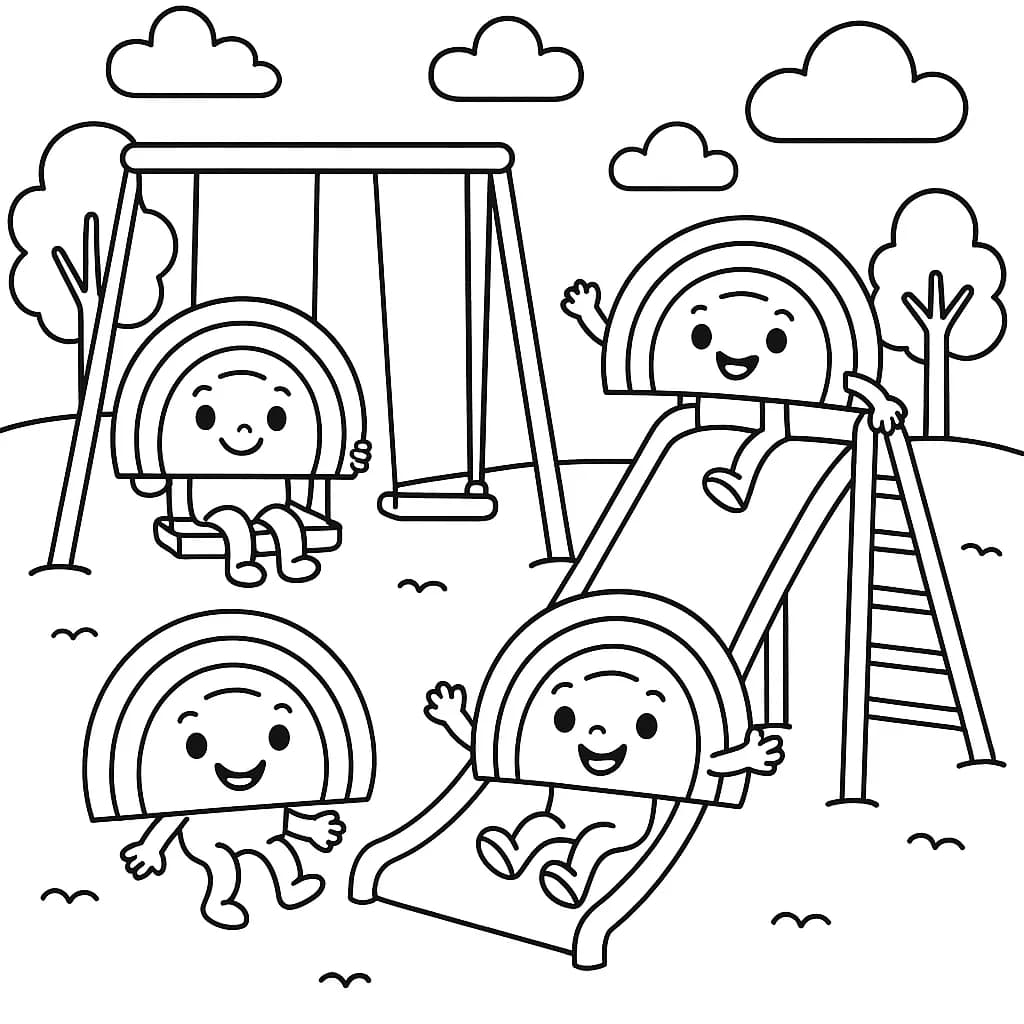Simple line art of rainbow-themed friends playing in a park with swings and slides.