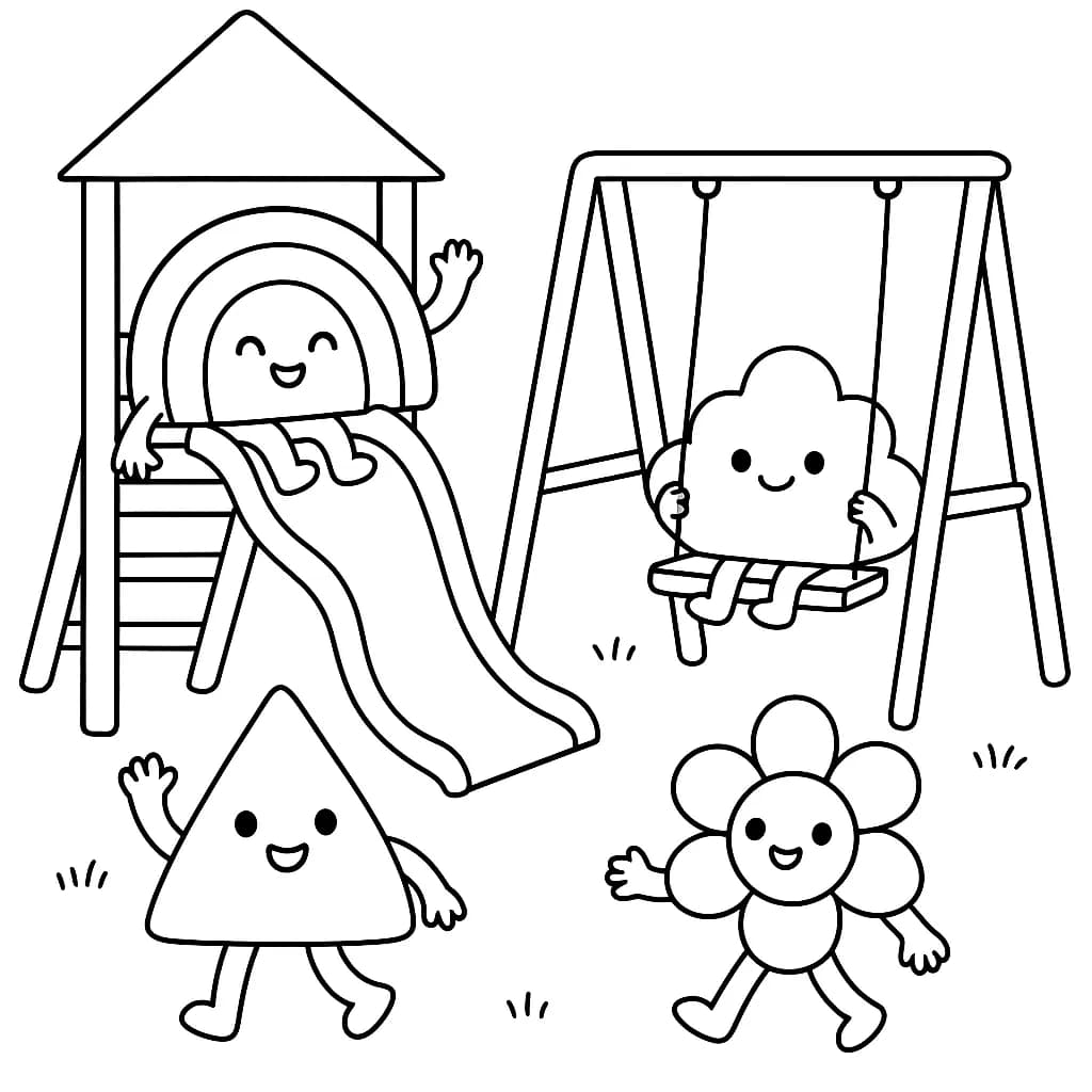 Simple coloring page of Rainbow Friends playing at a playground, with slides and swings.