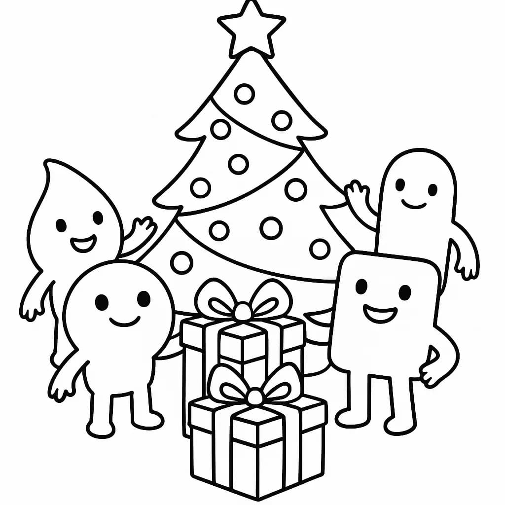 Easy coloring page of Rainbow Friends around a Christmas tree with presents.