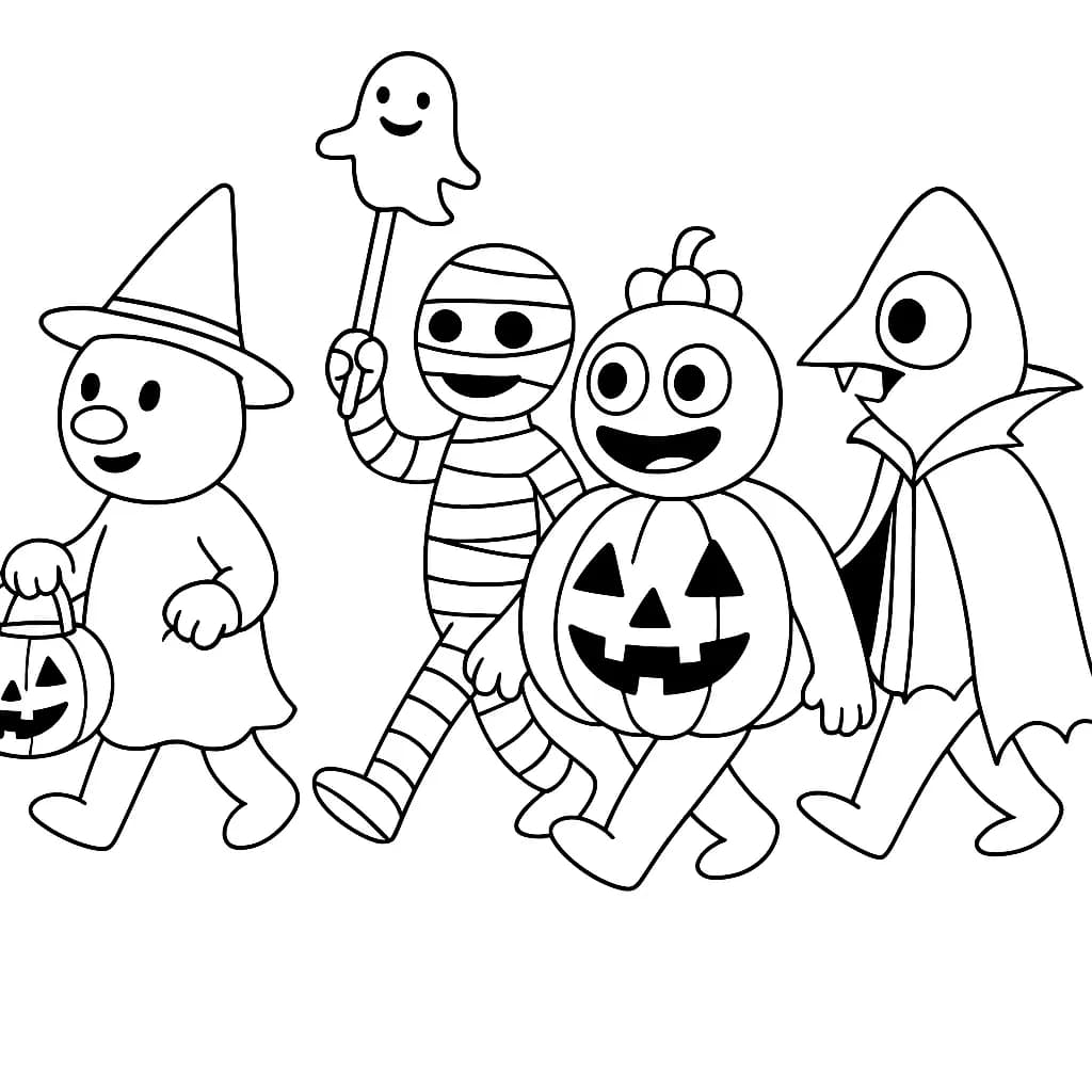 Line drawing of rainbow friends in Halloween costumes marching in a parade.