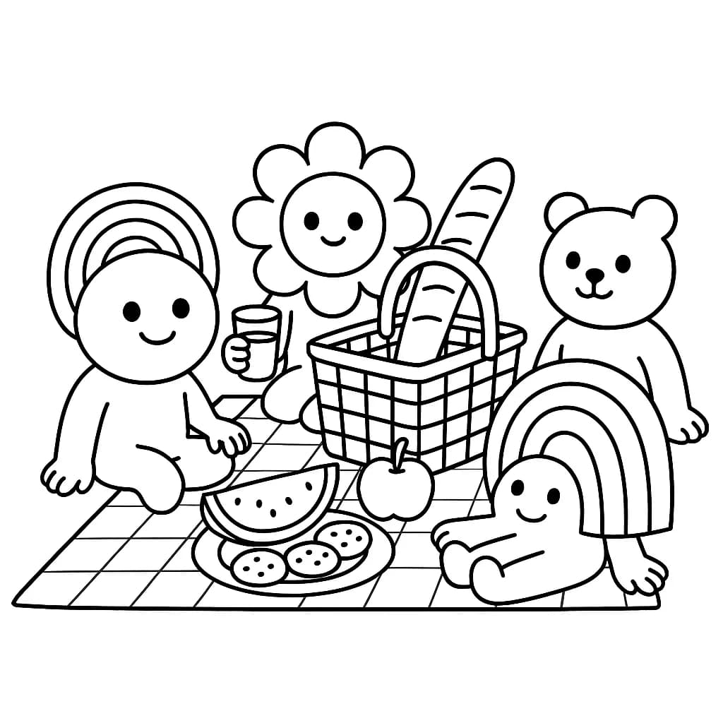 Preschool coloring page of Rainbow Friends having a picnic on a blanket.