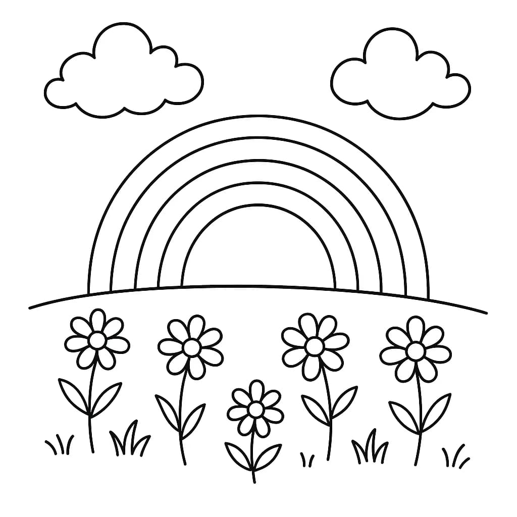 A simple line art of a rainbow above grass and flowers in a spring meadow