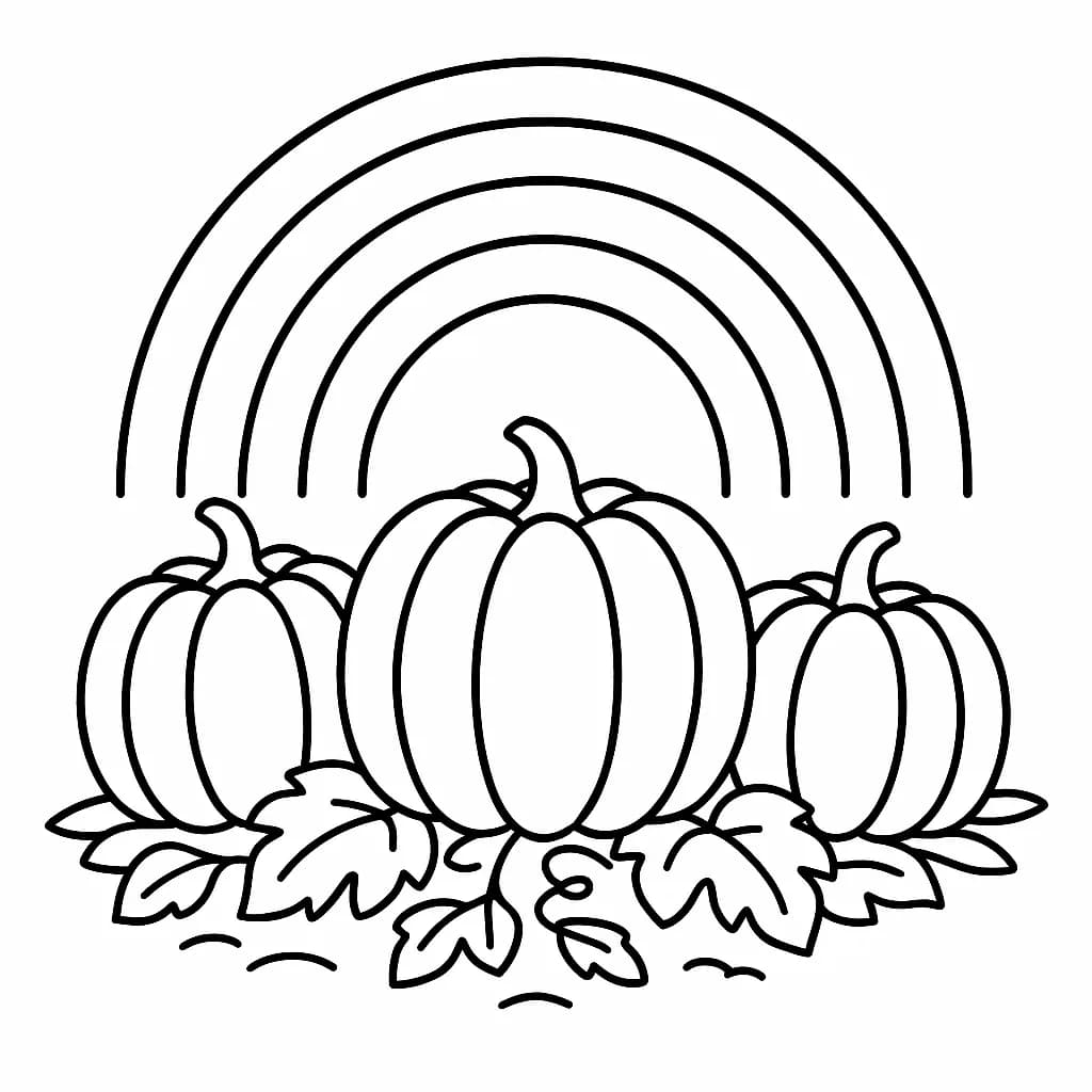 Outline of a rainbow over three large pumpkins in a patch, with simple leaves.