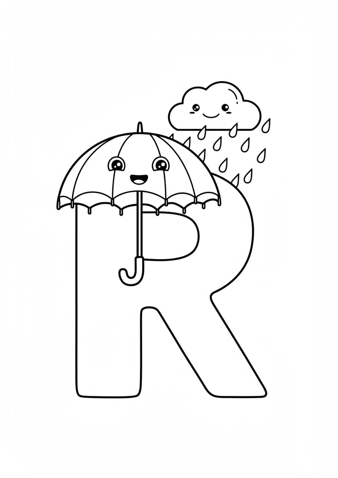 Large letter R with cute raincloud, umbrella, and falling raindrops, simple outlines for easy coloring.