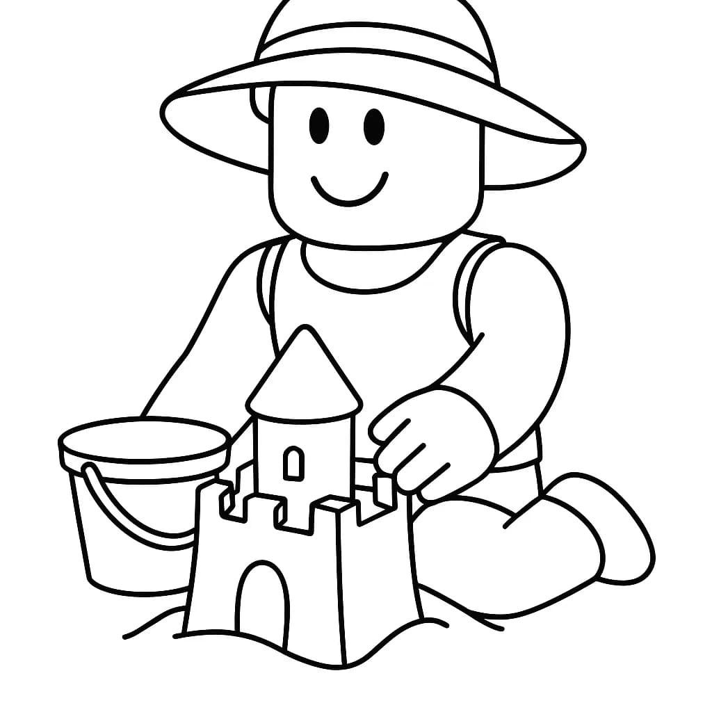 Roblox character at the beach with sandcastle and bucket, easy for preschool coloring.