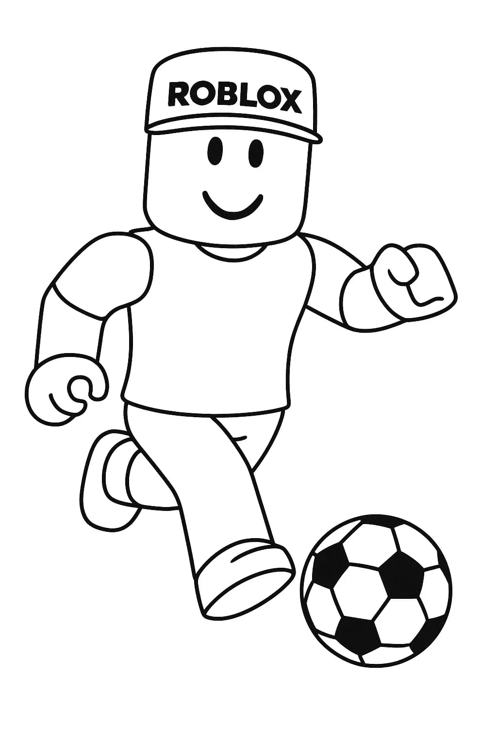 Roblox character kicking a soccer ball, simple lines and large spaces for preschoolers.