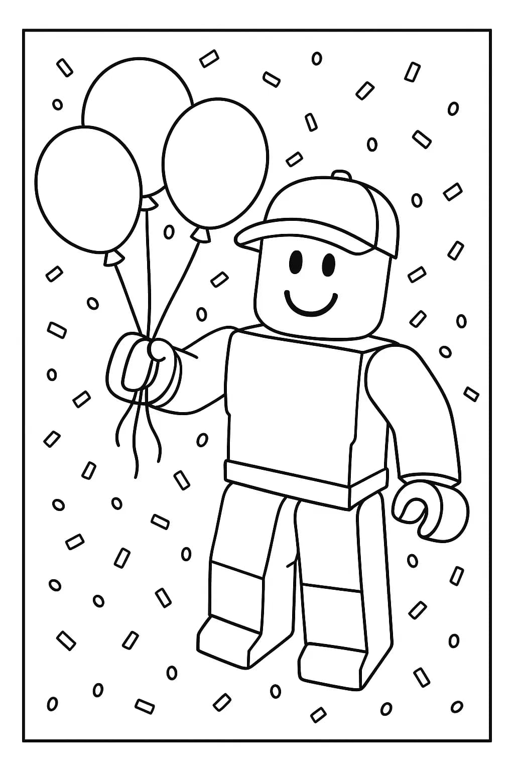Simple Roblox character holding balloons with confetti, easy outline for preschool coloring.