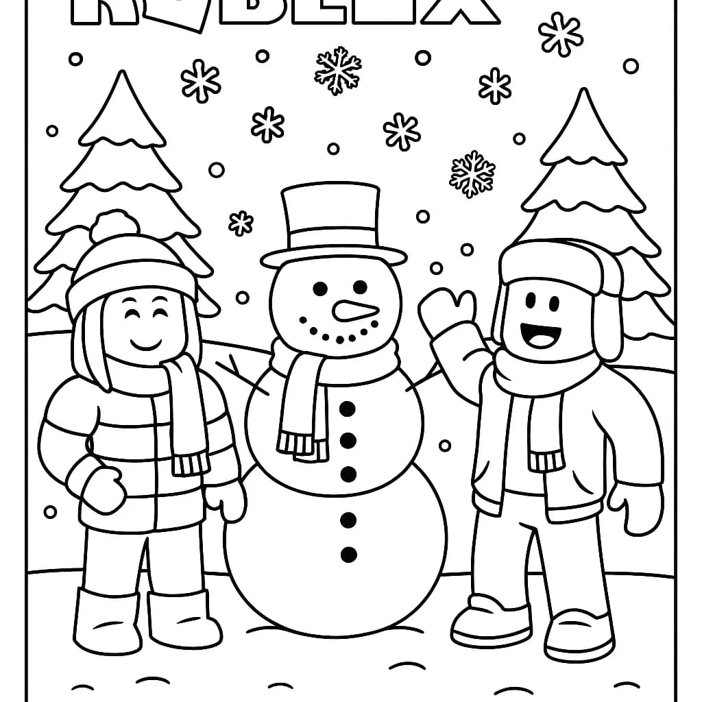 Easy Roblox winter scene with characters in scarves, snowflakes, and snowman, simple lines for kids