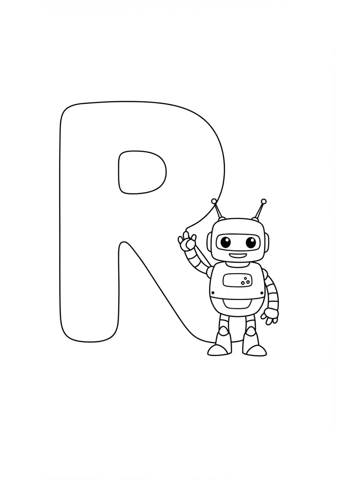 Large letter R with a smiling cartoon robot waving beside it, easy to color outlines.