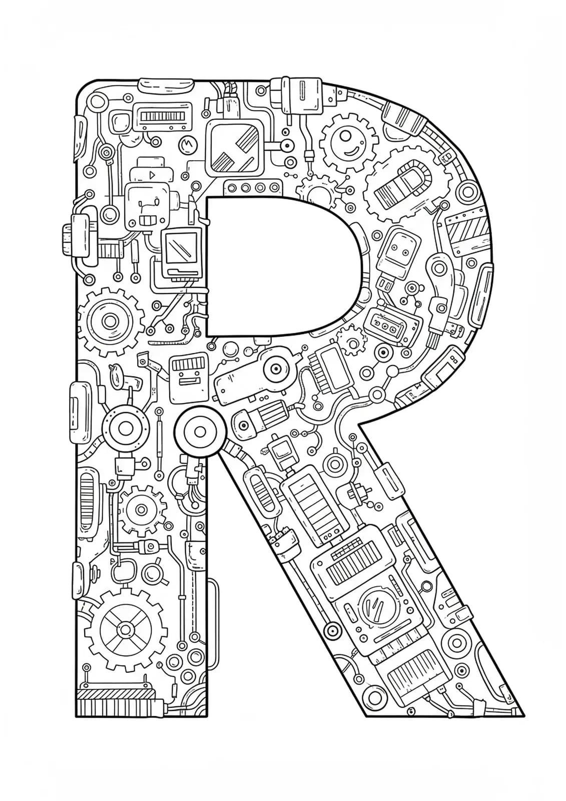 Complex letter R filled with gears, robot parts, and digital patterns for hard-level coloring.