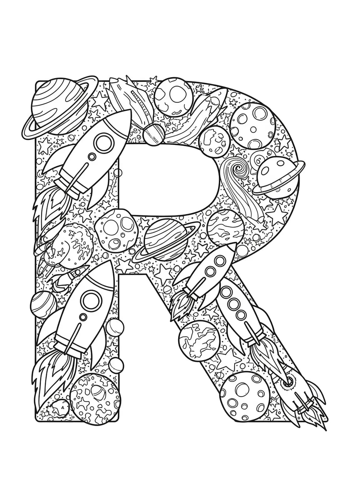 Intricate letter R with rockets, planets, and detailed space elements forming a challenging coloring page.