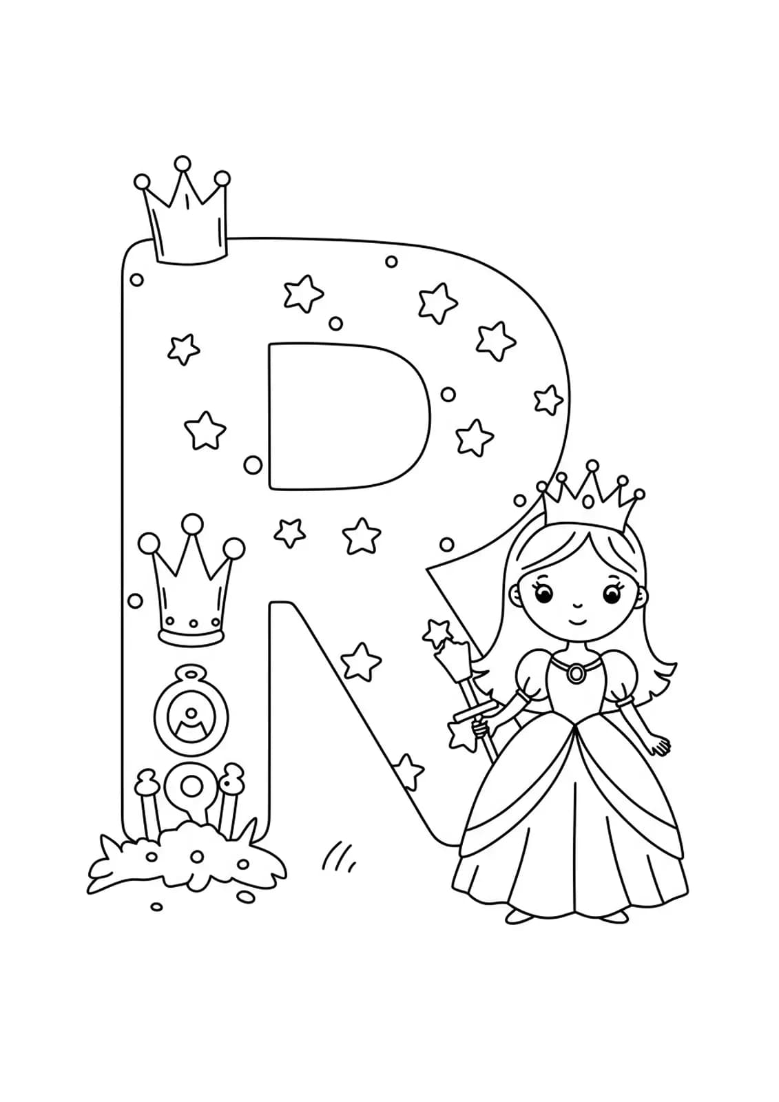 Large letter R with a smiling cartoon princess in a crown, easy coloring outlines for kids.