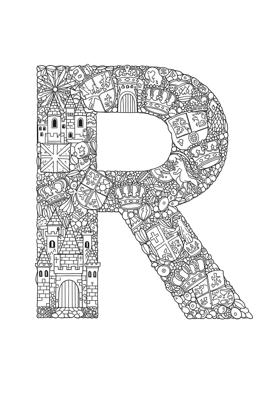 Intricate letter R decorated with detailed castles, crowns, and royal symbols forming a hard-level coloring page.