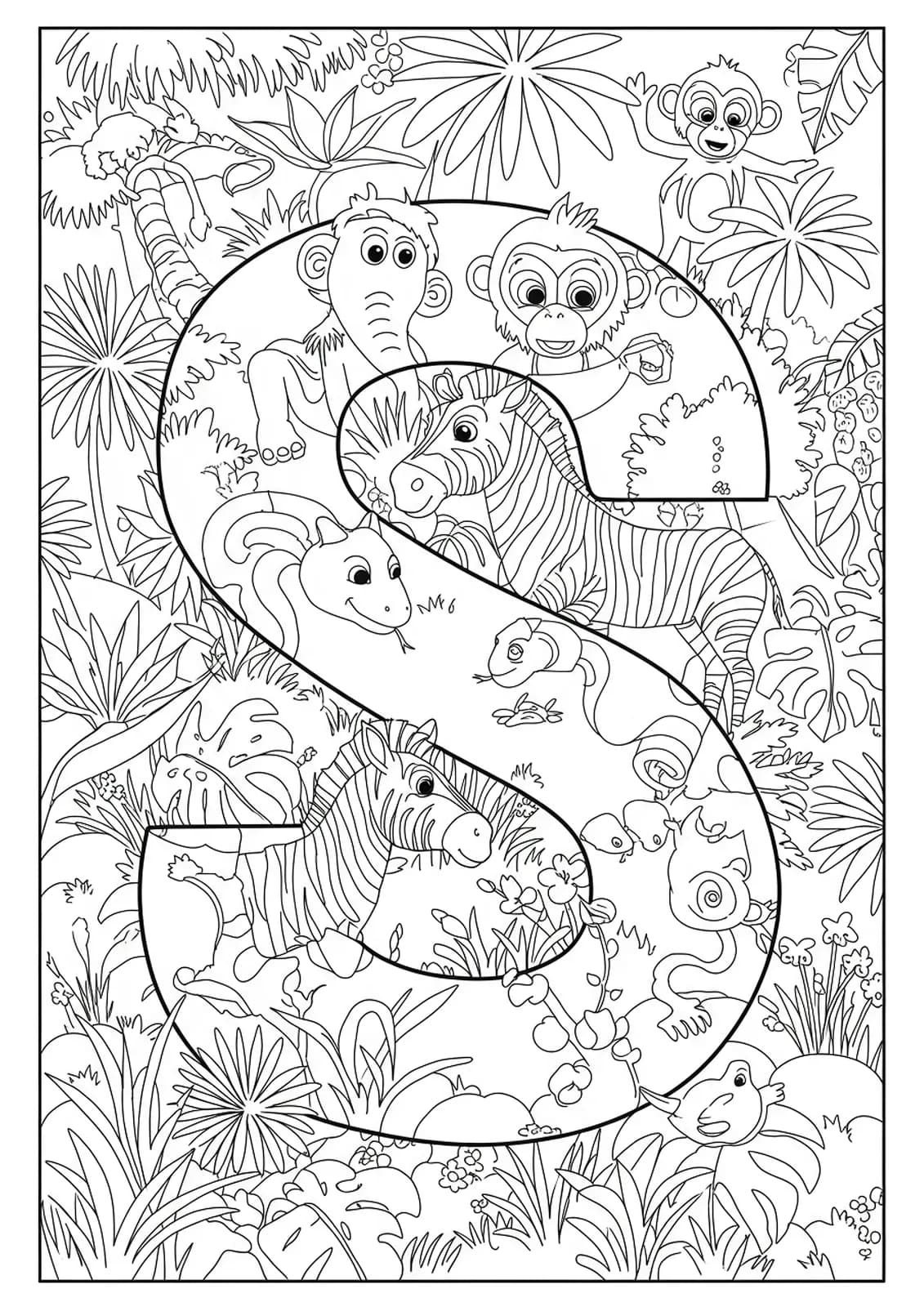 Safari-themed letter S with detailed snake, zebra, monkey, and plants for hard coloring.