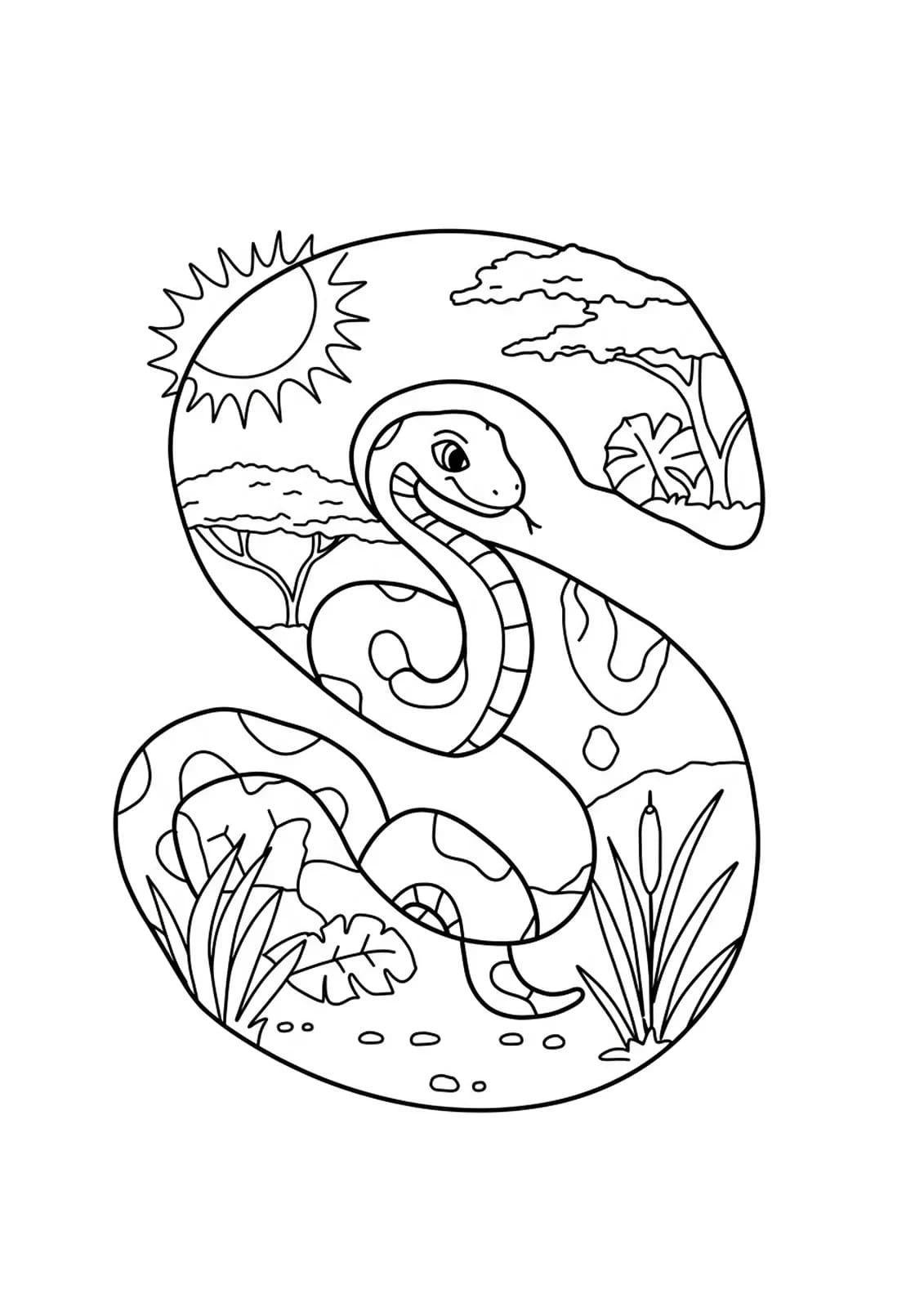 Coloring page with a big letter S, snake, sun, and savannah plants