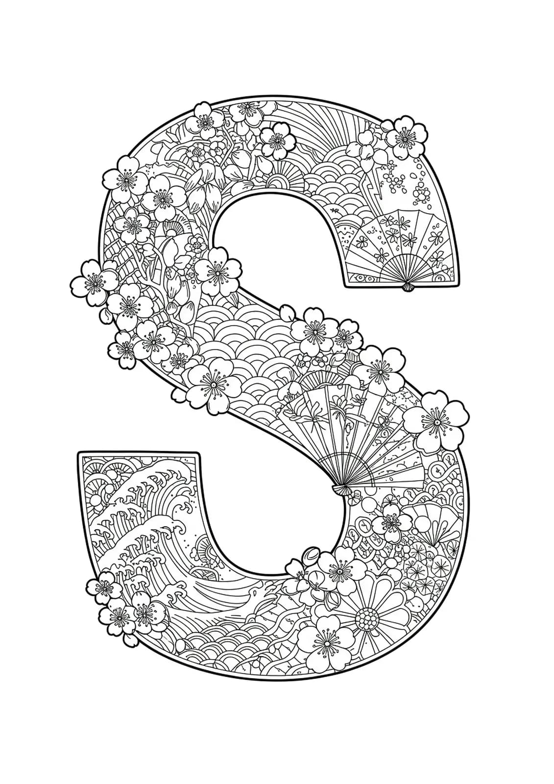 Letter S with detailed sakura cherry blossoms, Japanese wave patterns, and ornate fans, hard adult coloring page