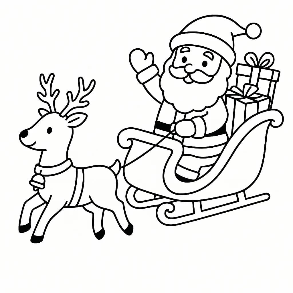 Santa Claus sitting in his sleigh with presents and reindeer, outlined for coloring.