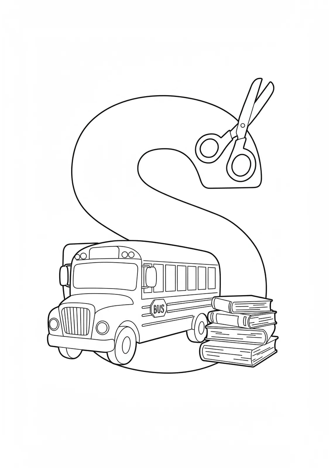 Coloring page with a big letter S, school bus, scissors, and books