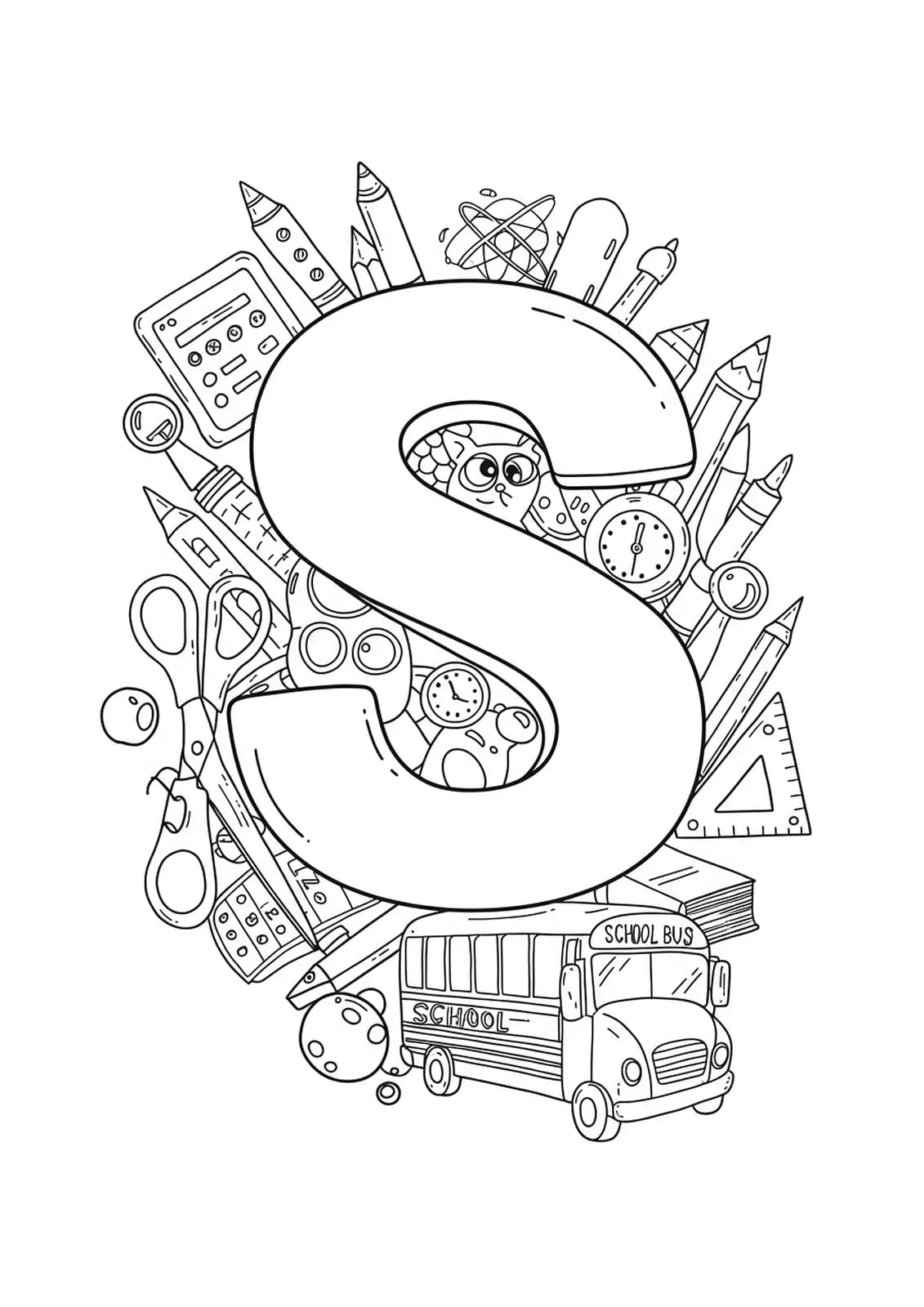Printable coloring page with a large letter S surrounded by scissors, a school bus, and books.