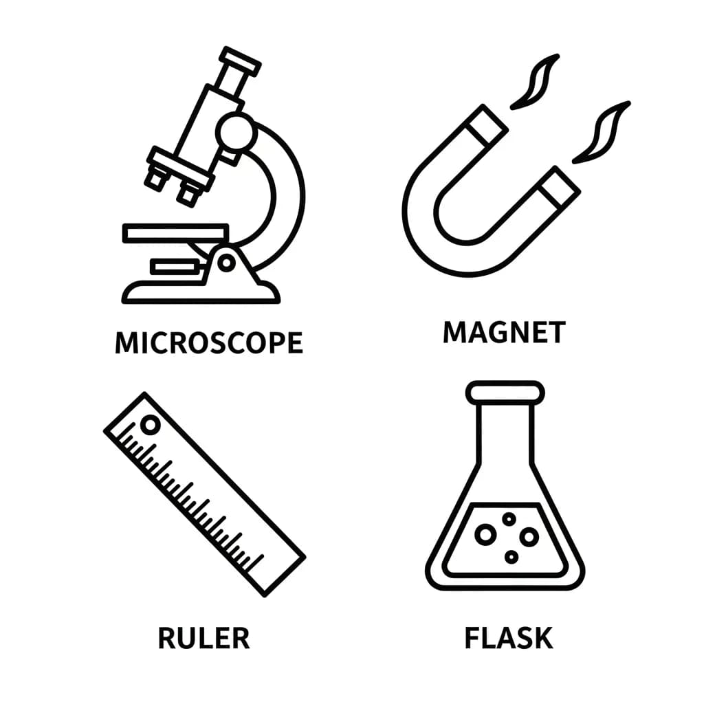 Simple drawings of science tools: microscope, flask, magnet, ruler