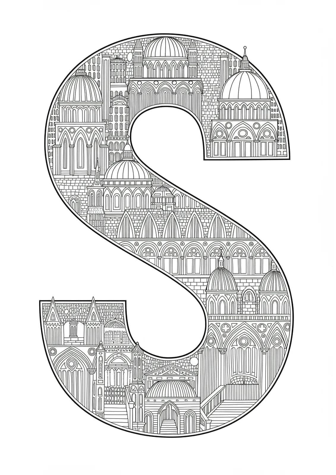 Letter S composed of detailed gothic arches, domes, columns, and architectural patterns, hard adult coloring page