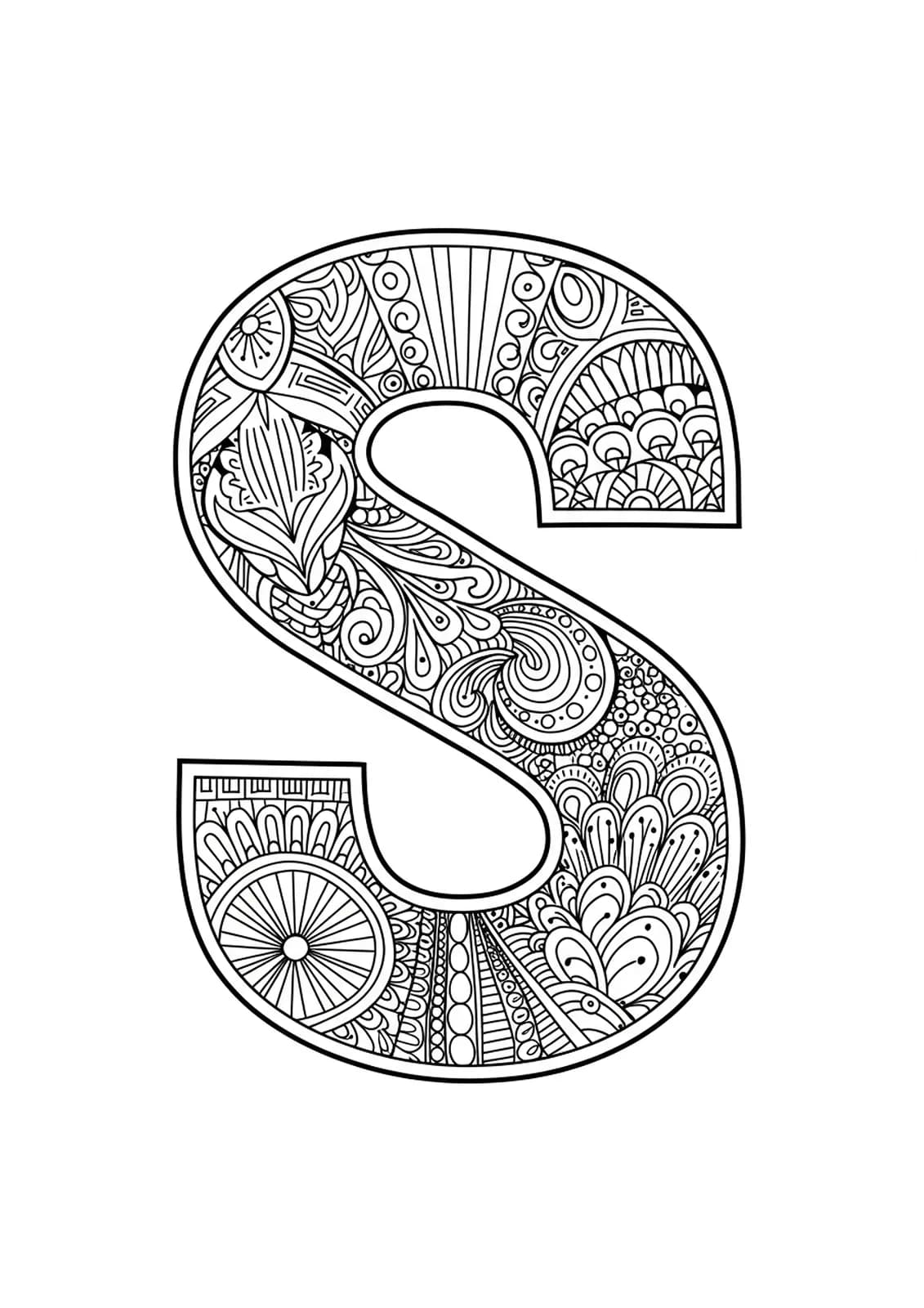 Detailed letter S featuring Art Deco geometric patterns, florals, and ornamental motifs, hard adult coloring page