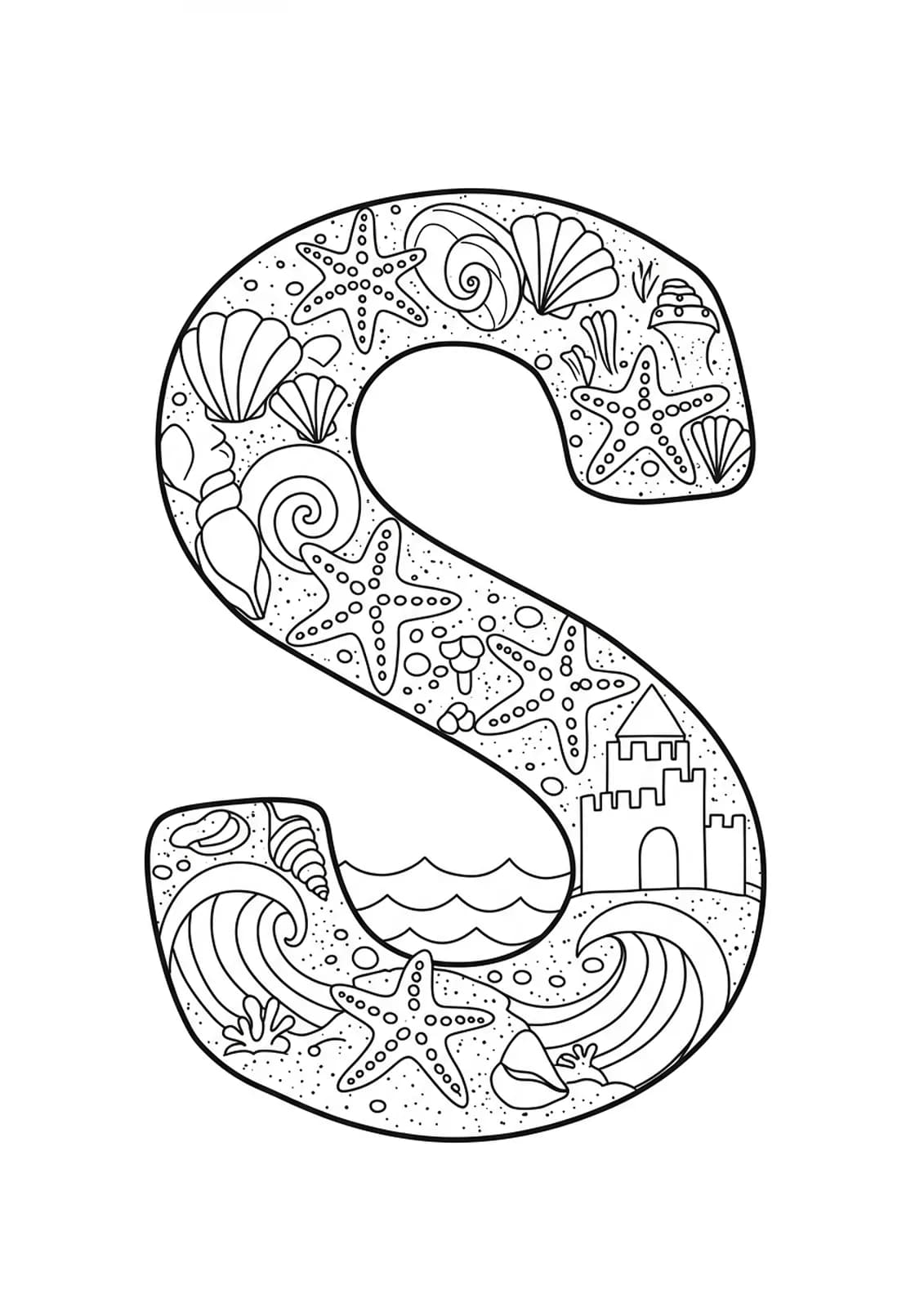 Letter S surrounded by detailed seashells, starfish, sandcastles, and ocean waves for preschool coloring