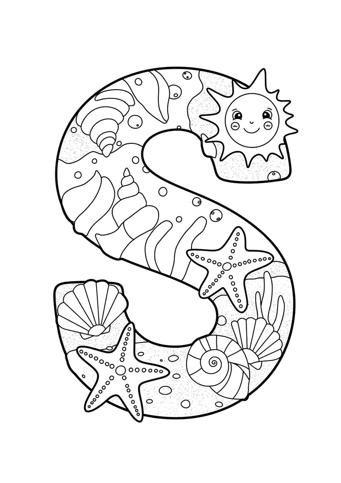 Large letter S with beach items like seashells, starfish, and a sun, outlined for coloring.