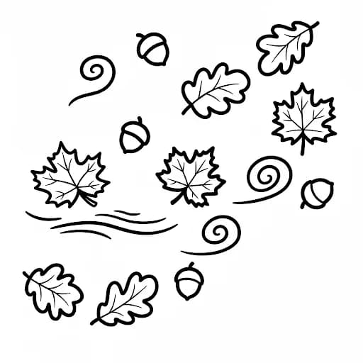 Falling leaves and acorns with swirling wind patterns