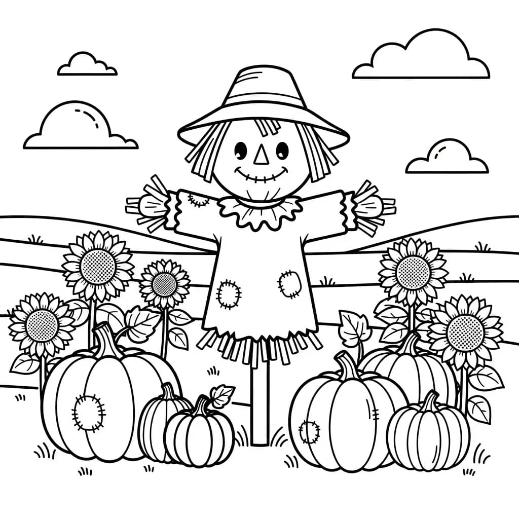 Smiling scarecrow in a field with sunflowers, pumpkins, and birds flying by