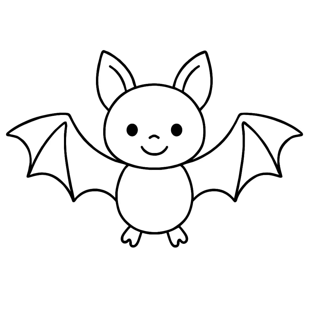 Easy outline of a cartoon bat with large wings and a smiling face
