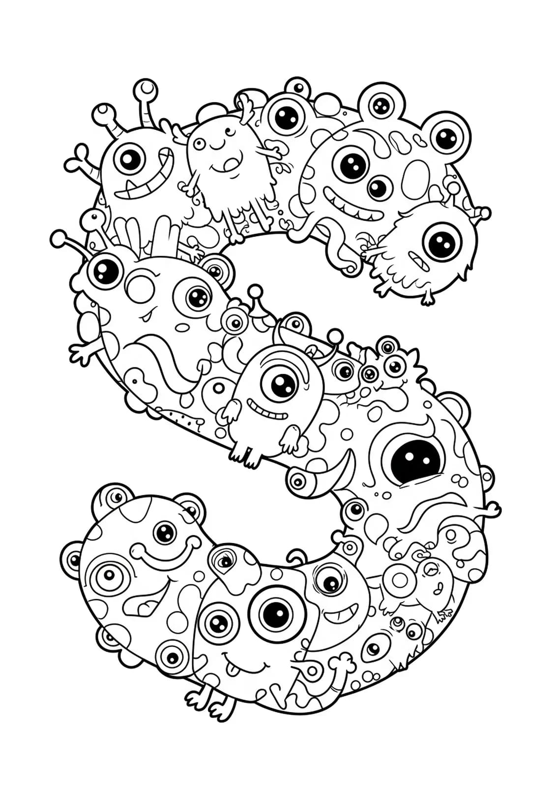 Intricate letter S decorated with silly, detailed cartoon monsters for preschool coloring