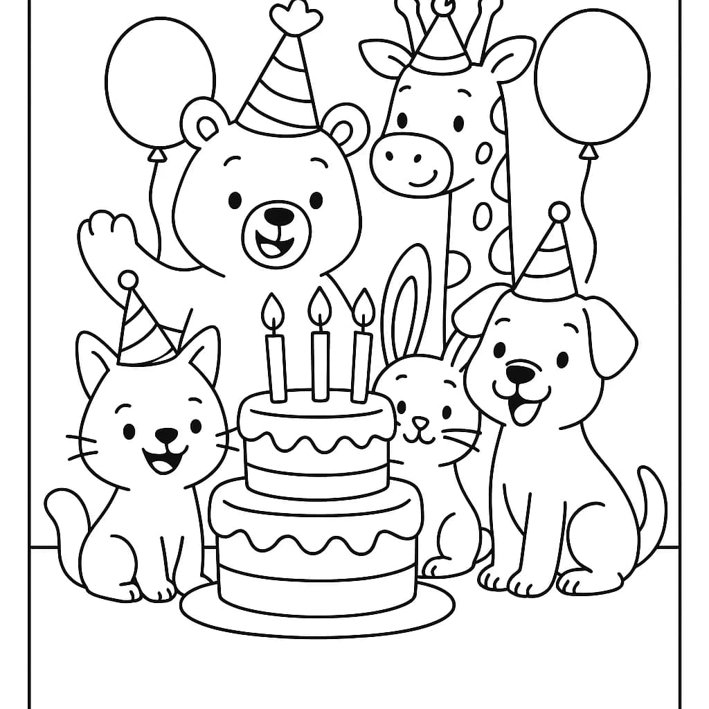 Coloring page with cute smiling animals celebrating a birthday with balloons and cake.