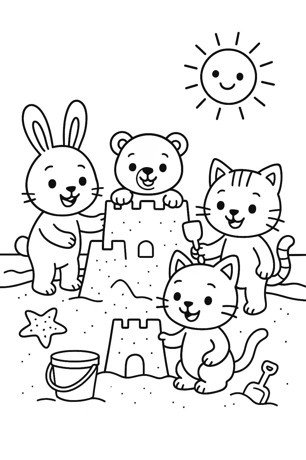 Easy coloring page with happy cartoon animals playing on the beach with a sandcastle and sun.