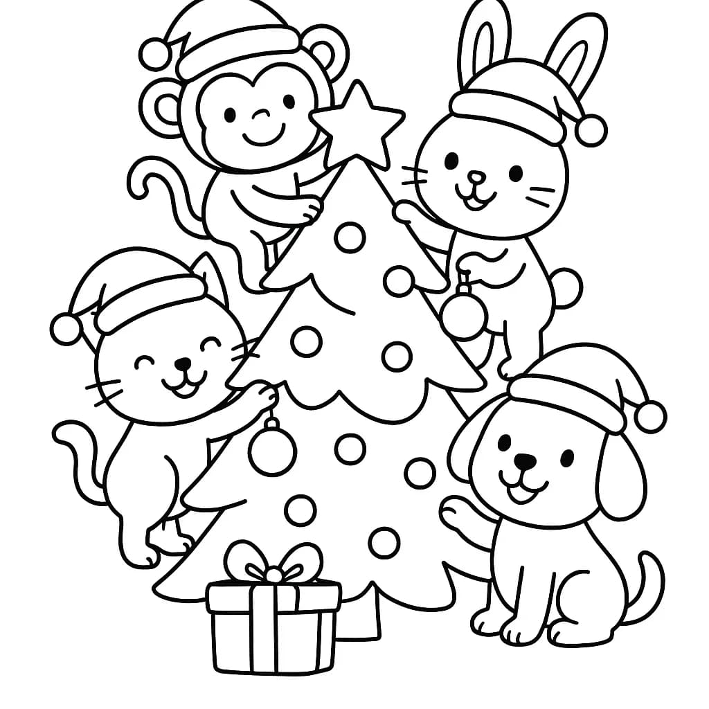 Easy coloring page with smiling animals decorating a Christmas tree.