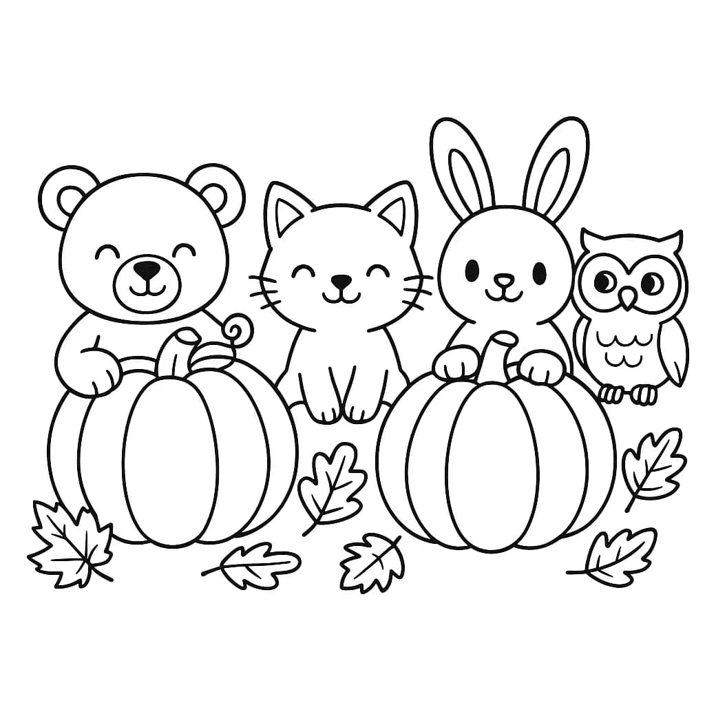 Simple coloring page with happy animals sitting among pumpkins and leaves.