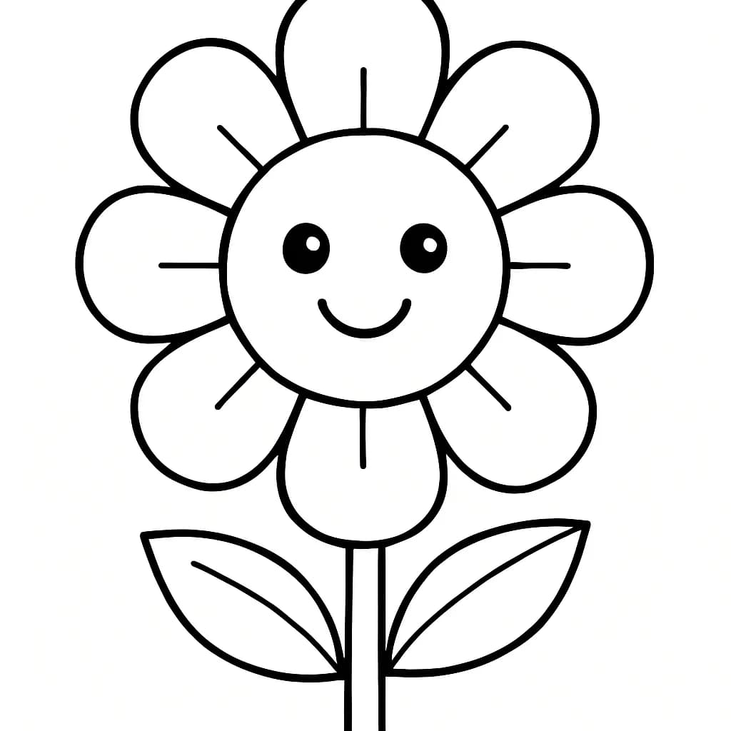 Easy Mother's Day flower coloring page with a smiling face for preschoolers.