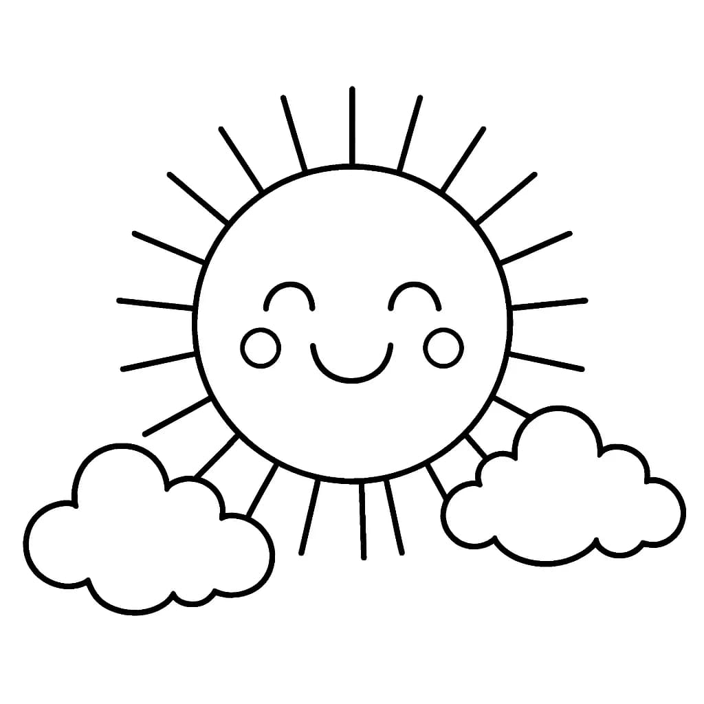 Coloring page of a smiling sun with simple fluffy clouds, easy for preschool children.