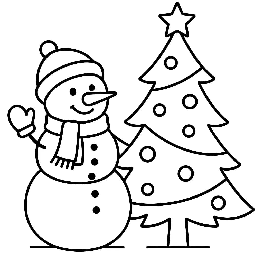 Simple line art of a snowman standing next to a Christmas tree for coloring