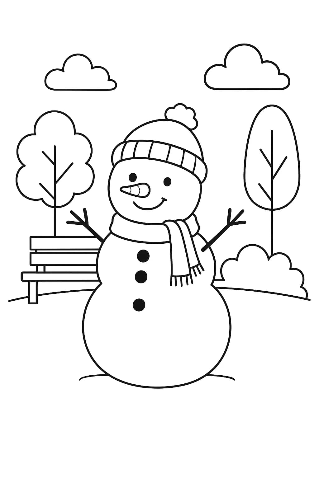 Easy outline of a snowman in a park with a bench and trees for preschool coloring