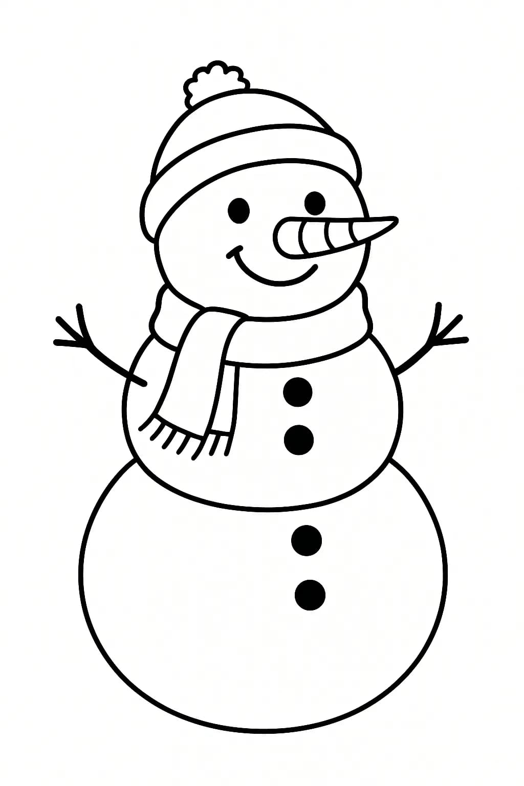 Simple line art of a snowman with a hat, scarf, and buttons, standing in the snow with a smiling face.