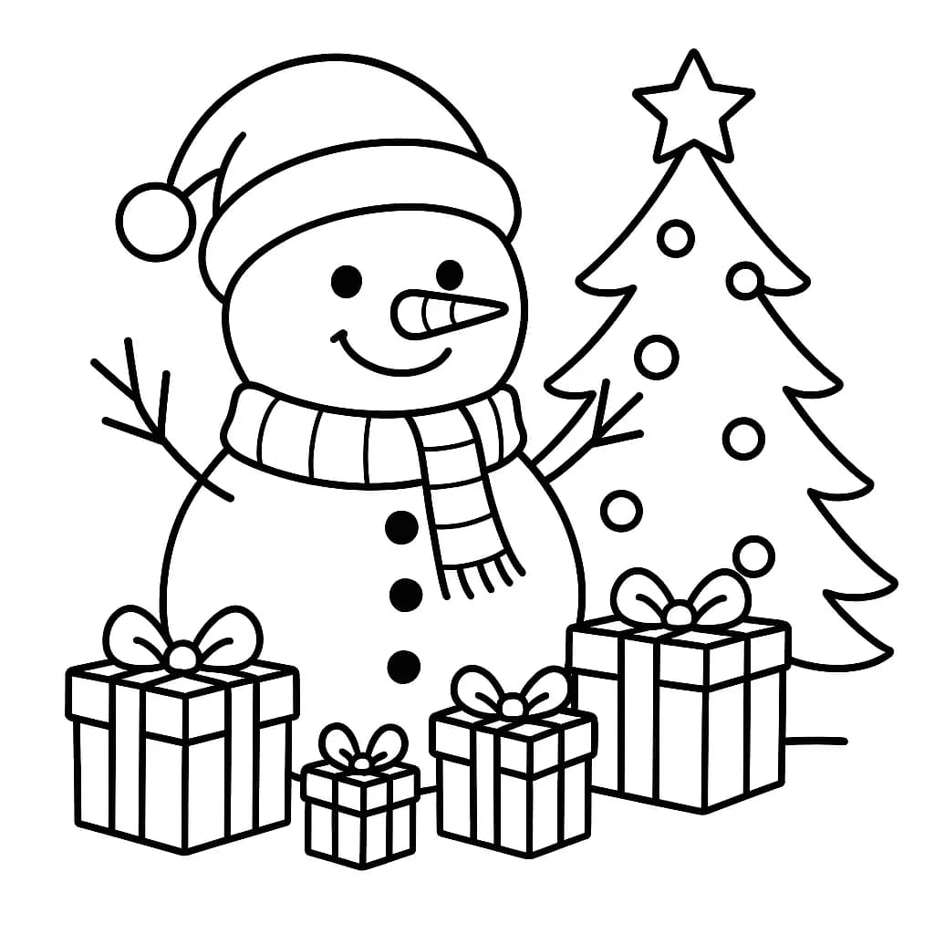 Simple line art of a snowman with a Santa hat, scarf, presents, and a Christmas tree, easy coloring page for kids.