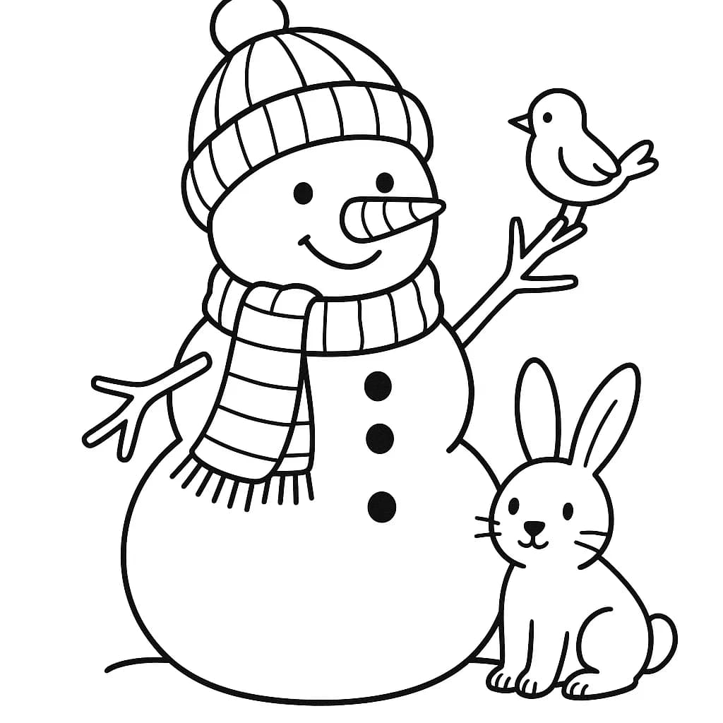 Simple snowman with a bunny and a bird for easy preschool coloring