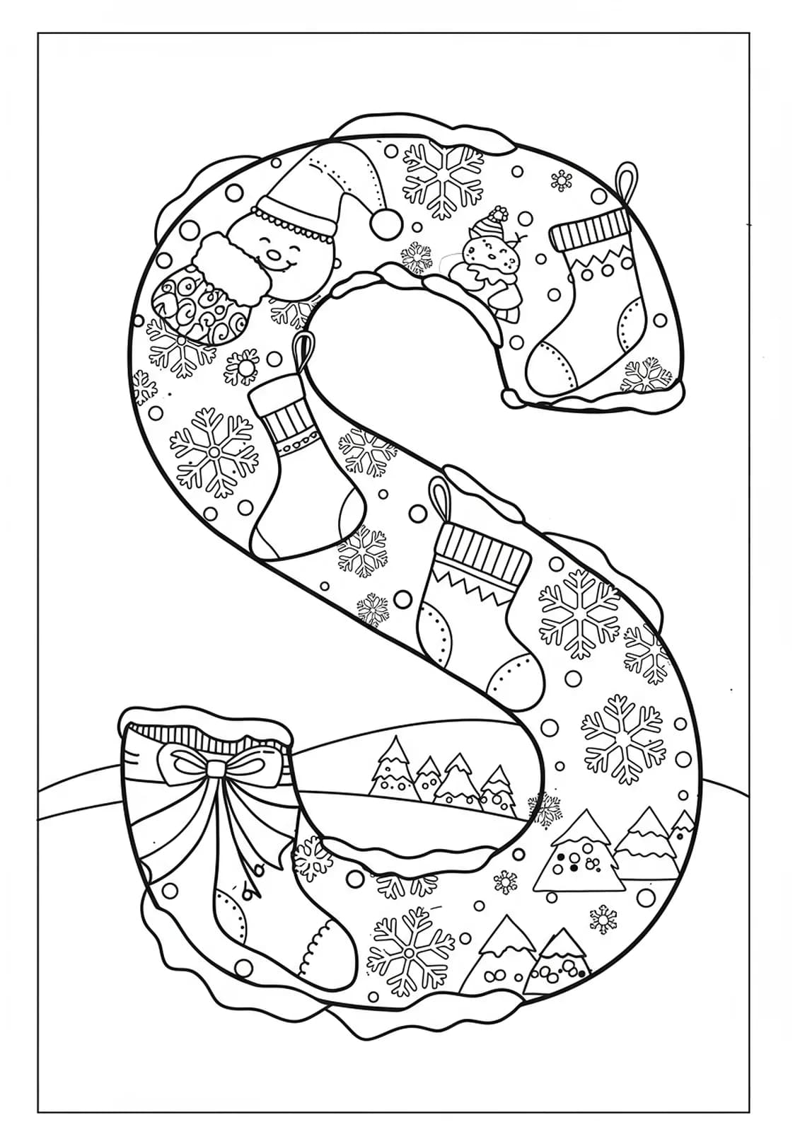 Coloring page features a large letter S with snowflakes, stockings, and winter scenes.