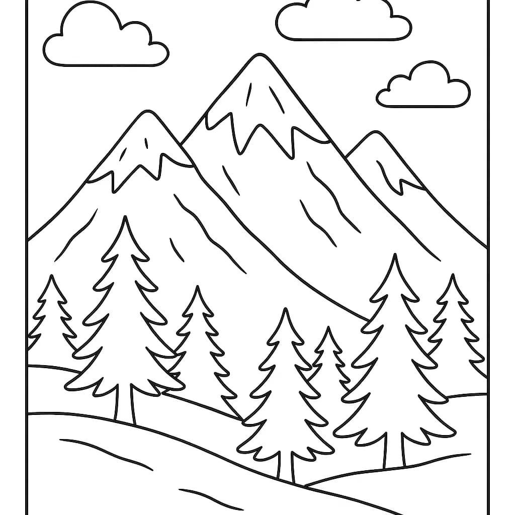 Easy winter coloring page with snowy mountains and pine trees