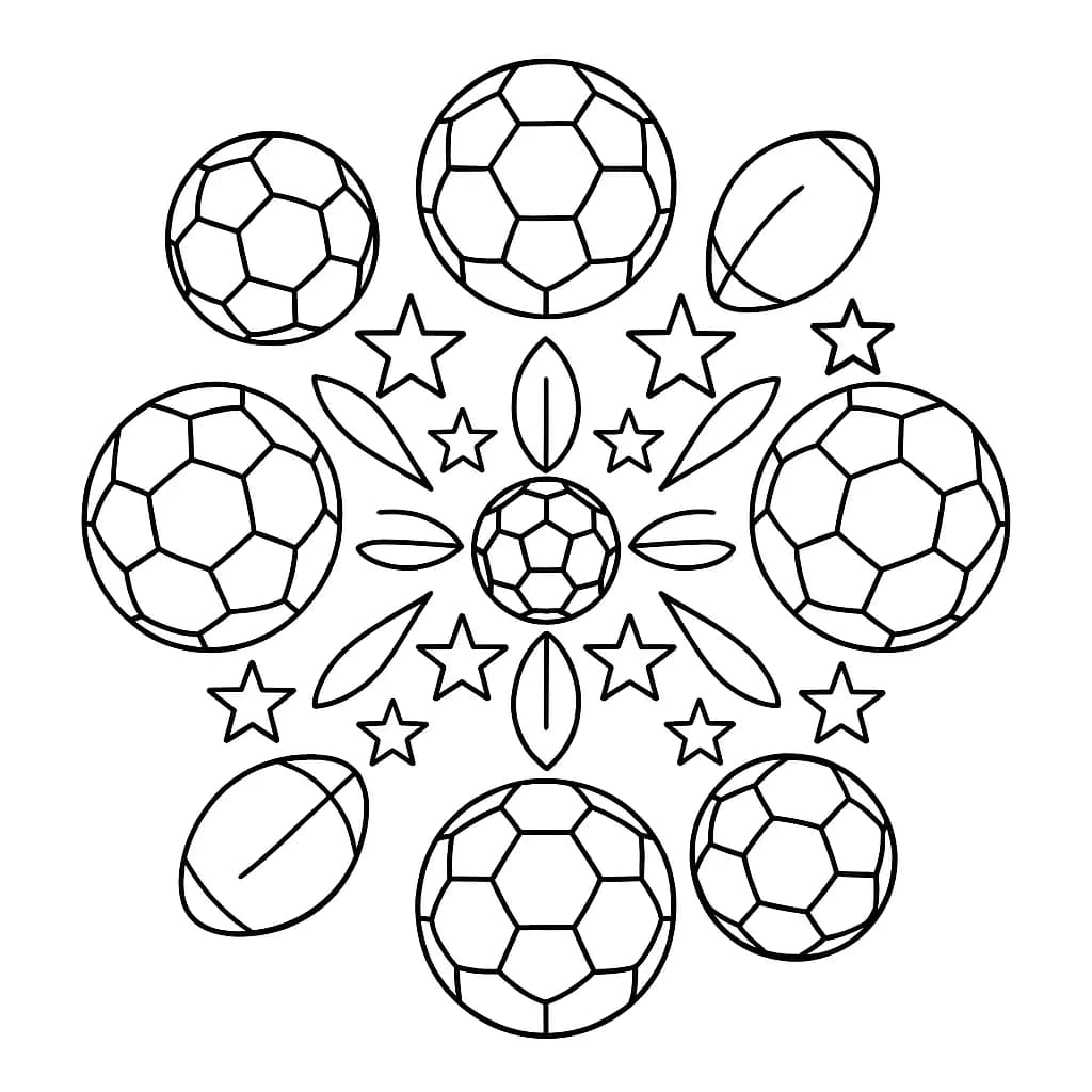 Elementary-level mandala with soccer balls and sporty shapes in a simple design.