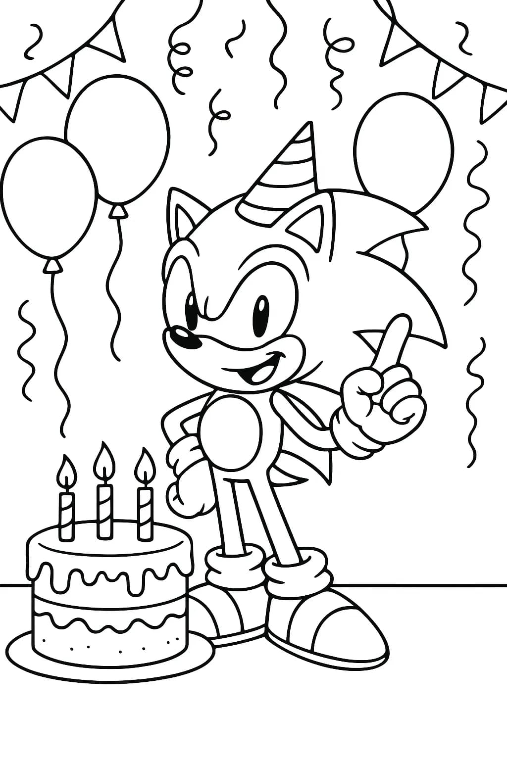 Sonic holding balloons with a birthday cake and party decorations, easy coloring page