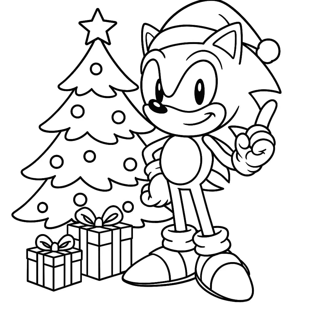 Sonic the Hedgehog in a Santa hat with presents and a Christmas tree, easy coloring page.