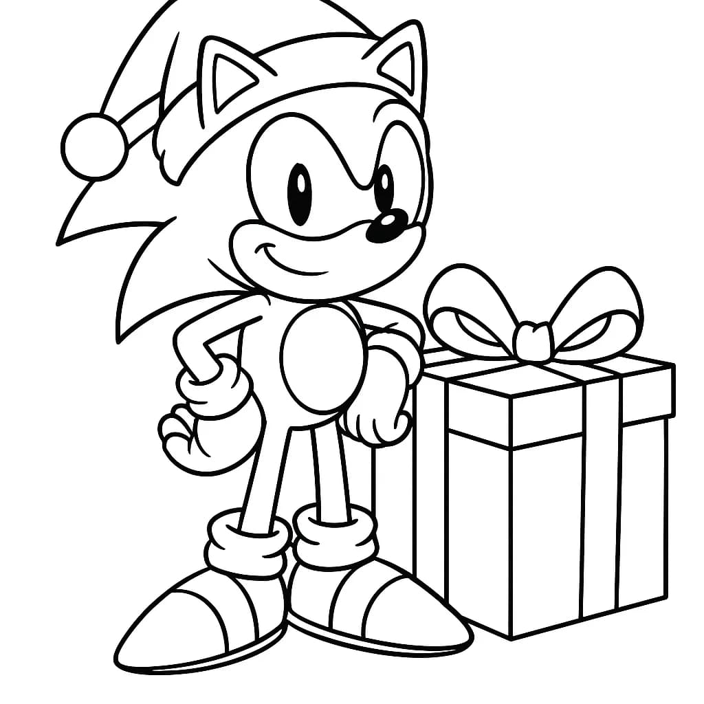 Sonic the Hedgehog wearing a Santa hat next to a large present, easy coloring page